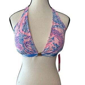 Lilly Pulitzer New Noa Triangle Top and Blue Halter Bikini Top with Gold Emblem